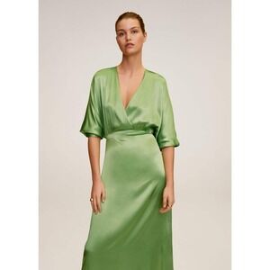 NEW MNG Mango Satin Long Dress Green Formal Maxi V-Neck 3/4 Sleeve Minimalist 6